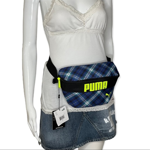 Puma Womens Waist Pack Blue Plaid Navy Checked Athletic Bag Rhythm Hip Sack - Picture 1 of 13